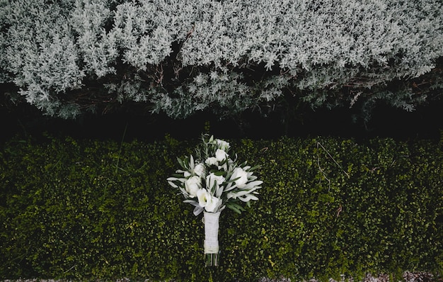 Free photo wedding bouquet of white flowers lies on green bush