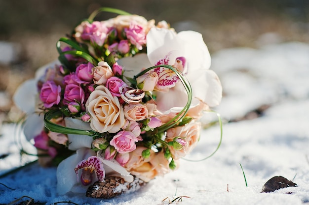 Wedding bouquet at the winter day