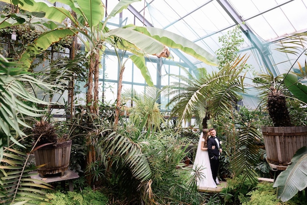 多くの植物と庭で抱き締める結婚式のカップル