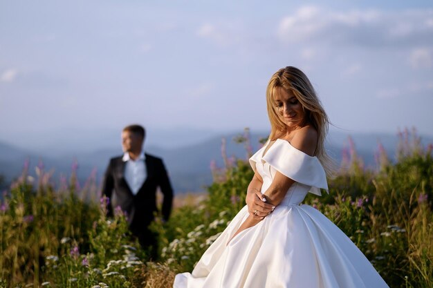 Wedding Couple Posing On Nature