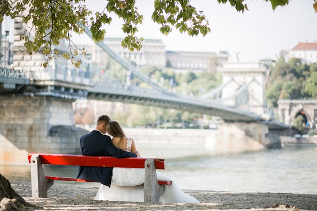 Free photo wedding couple on their wedding day in budapest