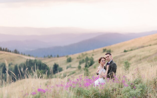 美しい山の風景と結婚式のカップルは牧草地に座っています。