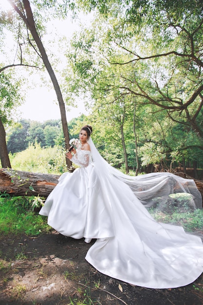 結婚式の日 髪型と化粧白いドレスとベールでポーズをとって若い美しい花嫁 プレミアム写真