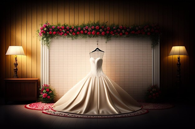 Wedding dress on a hanger with a red and pink flowers