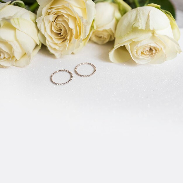 結婚指輪と新鮮なバラの白い背景