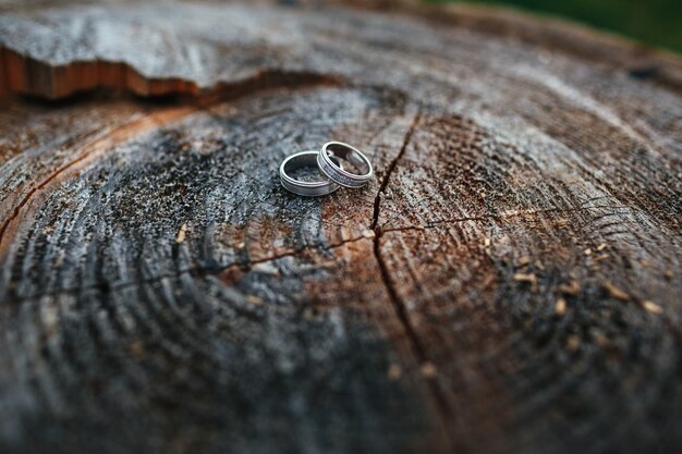 Wedding rings lie on a wooden block
