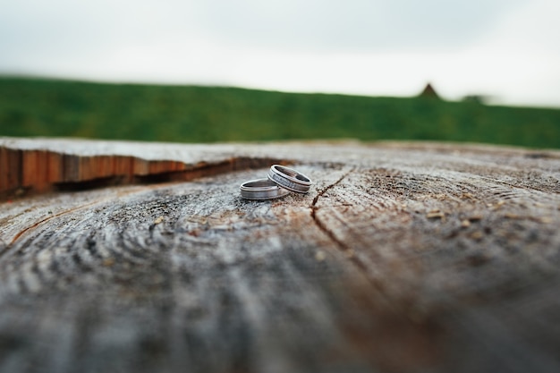 Free photo wedding rings lie on a wooden block