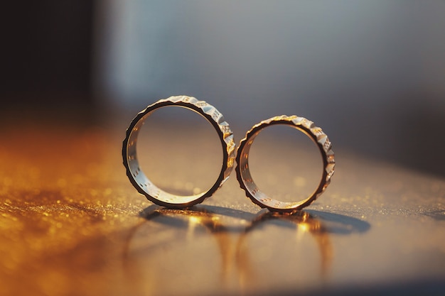 Free photo wedding rings solo on the woden table