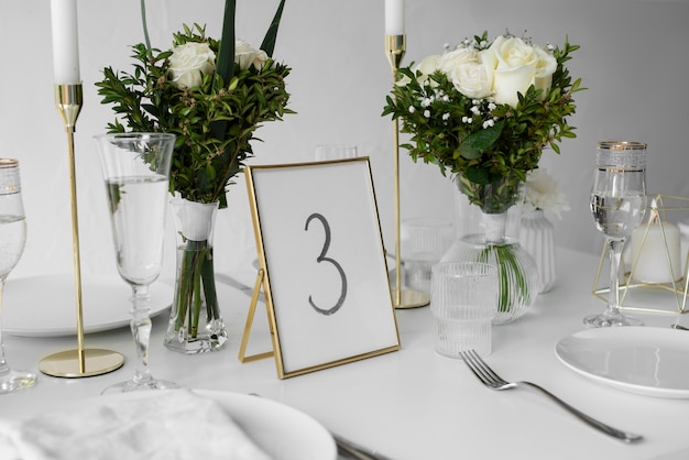 Wedding table arrangement with beautiful flowers