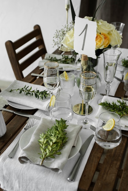 Wedding table arrangement with flowers high angle