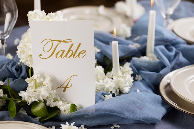 Wedding table assortment with candle high angle