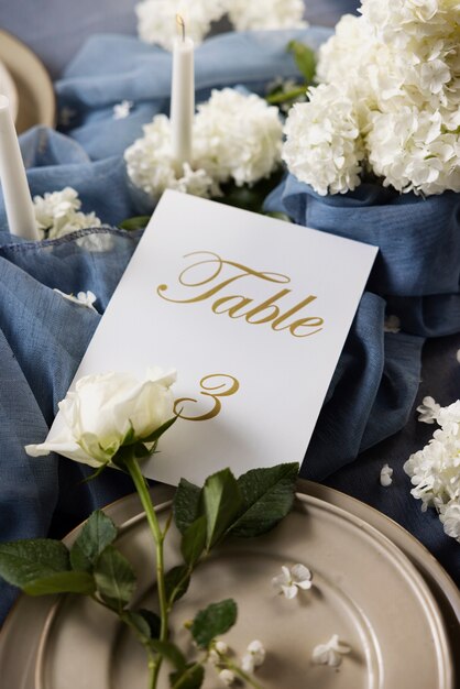 Wedding table number and flowers assortment