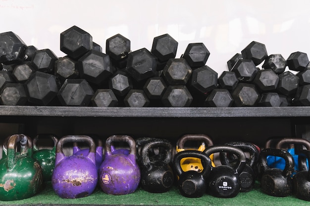 Weights and kettlebells in gym