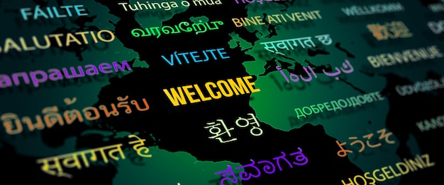 세계 지도 배경으로 다른 언어로 오신 것을 환영합니다. 피사계 심도 이미지 단어 클라우드 개념