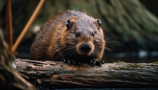 Wet beaver chomps on fish for lunch generated by AI