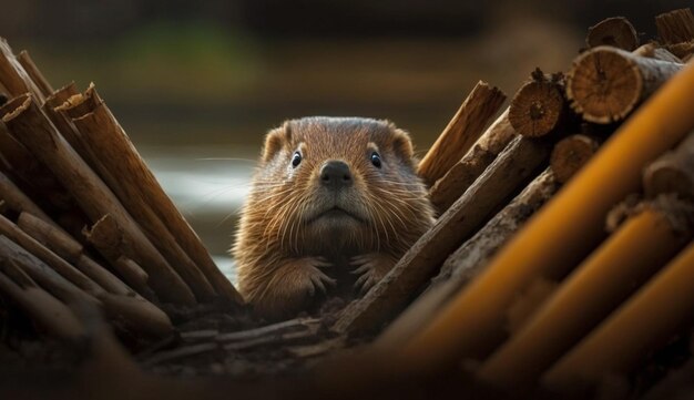 Wet beaver looks at camera with log generated by AI