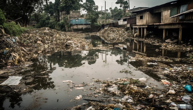 Wet reflection on dirty water environmental damage generated by AI