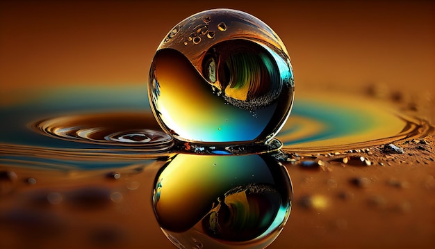 Бесплатное фото Мокрая сфера на отражающей воде абстрактной красоте, созданной ии