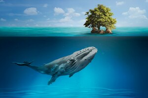 Foto gratuita balena che nuota nell'oceano per il remix dei media della campagna per salvare il pianeta
