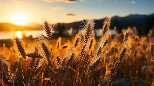 夕暮れ時の小麦畑 夕暮れ時の小麦畑の黄金の穂を持つ美しい自然の風景