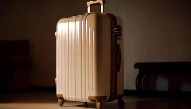 AIによって生成されたホテルの部屋で、車輪付きのスーツケースが冒険を待っています