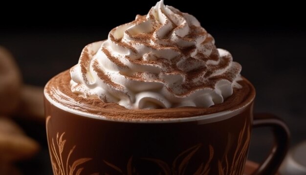 Whipped cream and chocolate adorn latte mug generated by AI