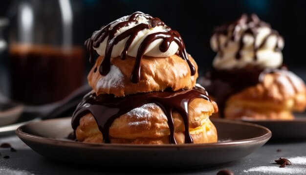 Whipped cream and chocolate sauce on eclair generated by AI