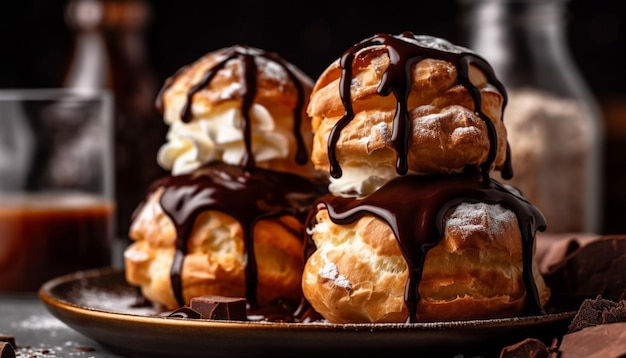 Free photo whipped cream chocolate sauce eclair indulgence generated by ai