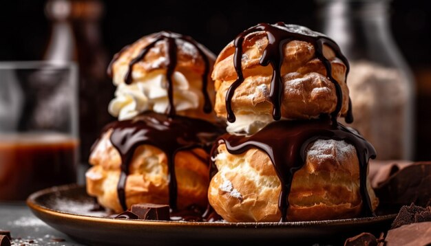 Whipped cream chocolate sauce eclair indulgence generated by AI