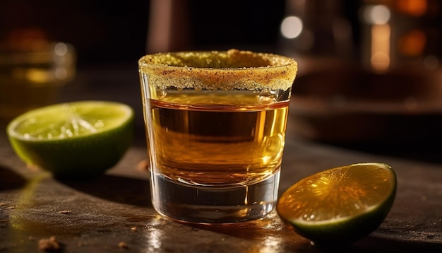 Foto gratuita whiskey e tequila con lime cocktail di agrumi shot glass giallo ghiaccio da tavola generato da intelligenza artificiale