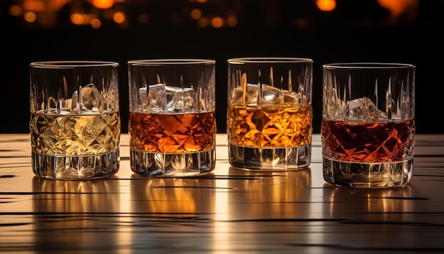 Бесплатное фото Виски с алкоголем и напитками, барный стол, жидкий ледяной коньяк, бренди, созданный искусственным интеллектом