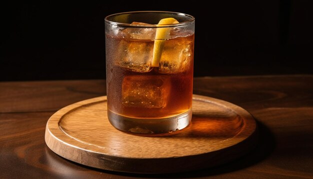 Whiskey on wood ice drop refreshing drink generated by AI