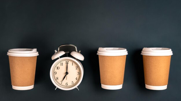 White alarm clock and craft disposable cups on a dark background top view