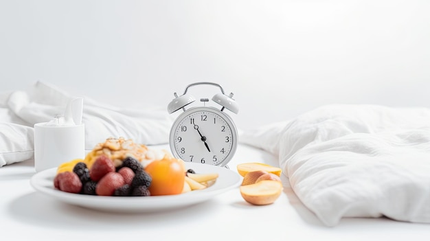 Free photo white alarm clock and healthy food diet intermittent fasting concept generative ai