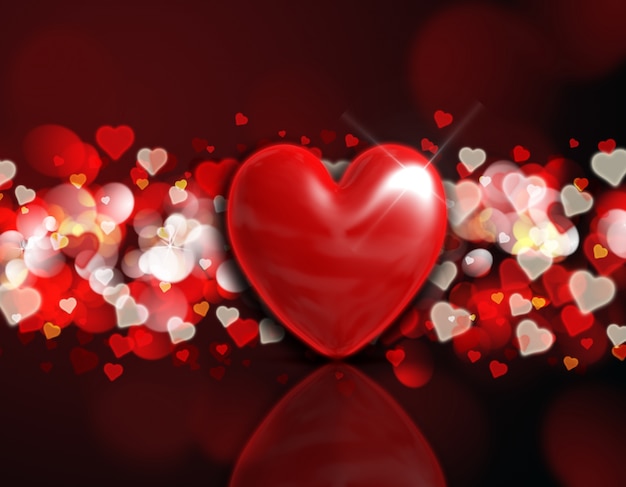 Бесплатное фото День святого валентина фон с 3d сердцем на дизайн красный и золотой боке огни