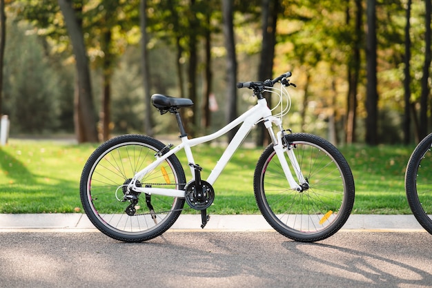 White bicycle standing in park