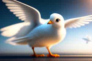 Free photo a white bird with blue eyes is standing on a table with its wings spread out.