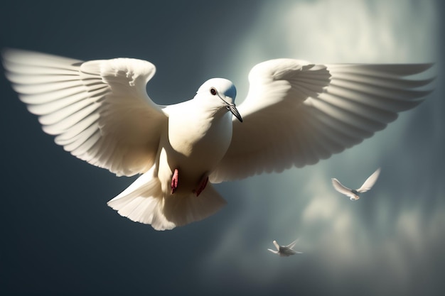 A white bird with a blue head is flying in the sky with the word peace on it.