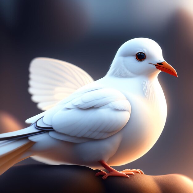A white bird with a red beak stands on a rock.