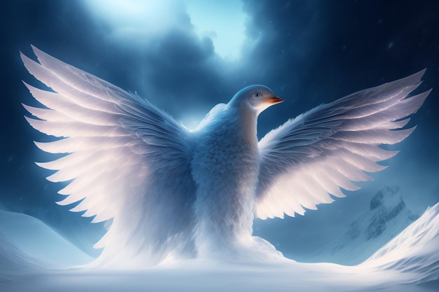 Foto gratuita un uccello bianco con le ali spiegate si erge nella neve.