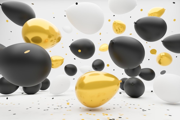 White, black and gold colored balloons falling and bouncing on the ground.