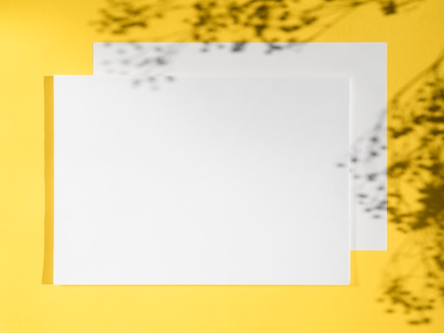 Free photo white blanks on a yellow background and branch shadows