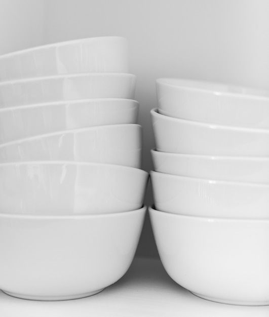 White bowls arrangement close-up