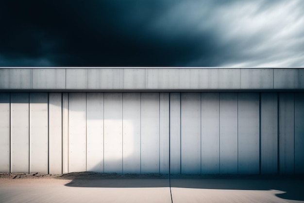 A white building with a dark blue sky behind it.