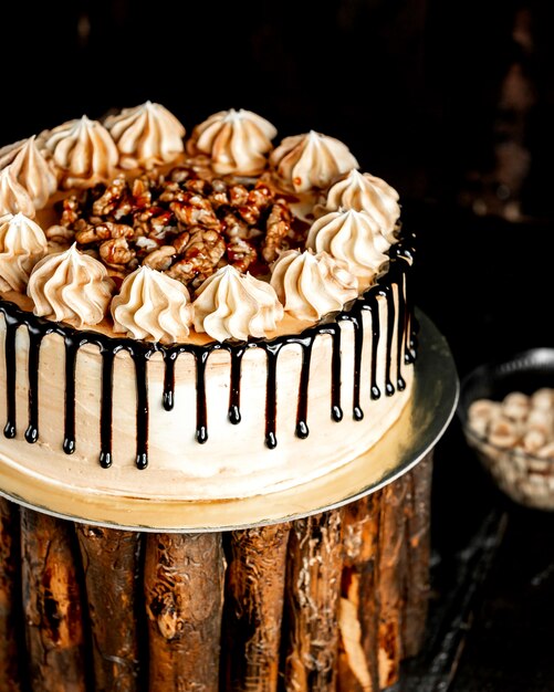 White cake poured with chocolate and decorated with nuts