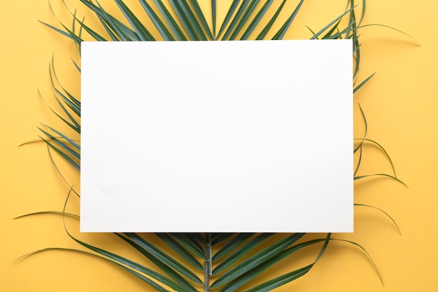 White card paper on green palm leaf against yellow backdrop