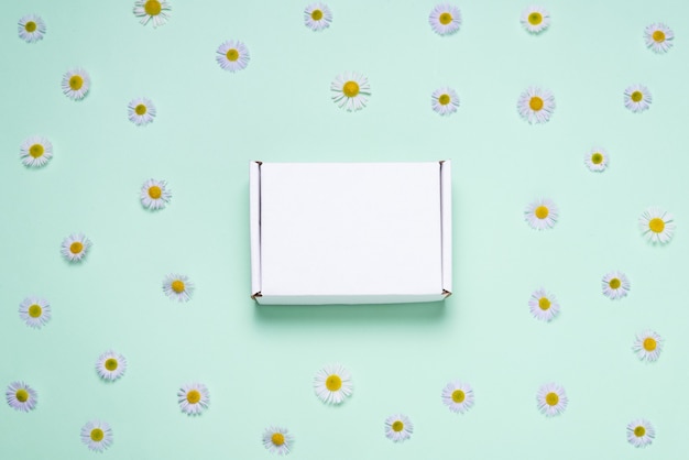 新鮮な​花​で​飾られた​色​の​背景​に​白い​cardboads​ボックス