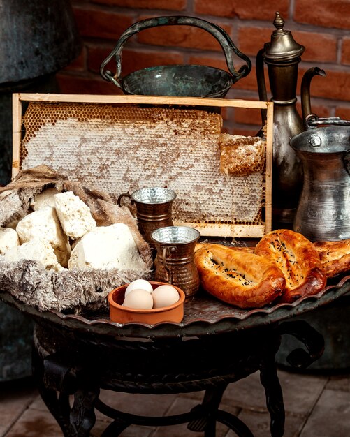 White cheese and bread with eggs