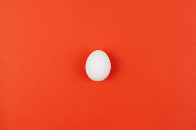 White chicken egg on red table