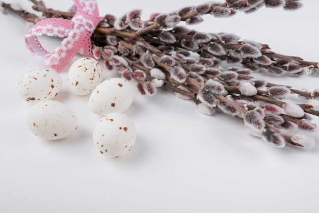 White chicken eggs with willow branches 